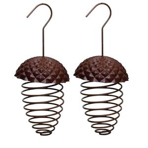 Best for Birds 2x stuks ijzeren voederveren voor vetbollen/mezenbollen eikelvorm 23 cm -