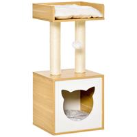 PawHut kattennest, knus kattengrot met afneembare speelgoedbal, fluweelzacht polyester, sisal, eiken, 35 x 35 x 81 cm, perfect voor katten | Aosom.nl