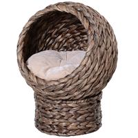 PawHut Rattan Katzenkorb Katzenhöhle Katzenhütte Katzenbett mit Kissen Haustierbett Wasserhyazinthe Dunkelbraun 42 x 33 x 52 cm