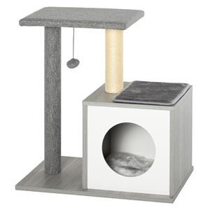 PawHut krabpaal, stevige kattenboom met grot en pluchen kussen, ideaal voor spelen en slapen, 60 x 40 x 140 cm, grijs | Aosom.nl