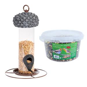 Esschert Design Vogel voedersilo met eikeldeksel metaal/pvc 27 cm inclusief 4-seizoenen energy vogelvoer -