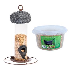 Esschert Design Vogel voedersilo met eikeldeksel metaal/pvc 27 cm inclusief 4-seizoenen mueslimix vogelvoer -