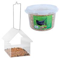 Esschert Design Vogelhuisje/voedertafel transparant kunststof 15 cm inclusief 4-seizoenen mueslimix vogelvoer -