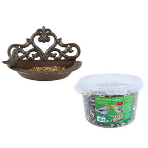Esschert Design Wand vogel voederbak/drinkbak gietijzer 24 cm inclusief 4-seizoenen energy vogelvoer -