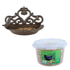 Esschert Design Wand vogel voederbak/drinkbak gietijzer 24 cm inclusief 4-seizoenen mueslimix vogelvoer -