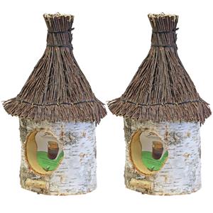 Boon Vogel voederhuisje - 2x stuks - cm - berkenhout - rieten/tenen dak - pindakaashuisje -vogelhuisje -