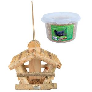 Esschert Design Vogelhuisje/voedersilo hout 30 cm inclusief 4-seizoenen mueslimix vogelvoer -