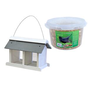 Boon Vogelhuisje/voedersilo met twee vakken hout/leisteen 31 cm inclusief 4-seizoenen mueslimix vogelvoer -