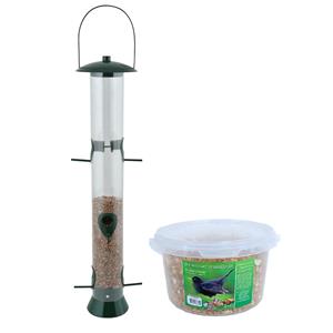 Esschert Design Grote vogel voedersilo kunststof 56 cm inclusief 4-seizoenen mueslimix vogelvoer -