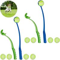 RELAXDAYS 4 x Ballschleuder für Hunde, Ballwerfer Set, inklusive 10 Tennisbälle, Ballwurfarm, Hundespielzeug Werfer, blau/grün