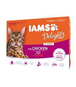 Iams Delights Senior - Kattenvoer - Vlees - Kip - Saus - 12x85 gram