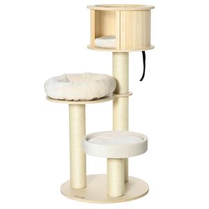 PawHut krabpaal, drie niveaus, stevige houten klimboom met kattengrot, sisalpalen, groot platform, speelballen, 122 cm hoog, stabiel, grijs | Aosom.nl
