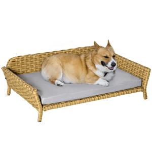 PawHut Rattan Hundesofa Hundekorb Hundebett mit Kissen Katzenbett Katzensofa  für kleinen und mittelgroßen Hund wetterbeständig Gelb 84 x 53 x 25 cm