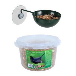 Esschert Design Raamvoederbakje voor vogelvoer 12 cm donker groen inclusief 4-seizoenen mueslimix vogelvoer -