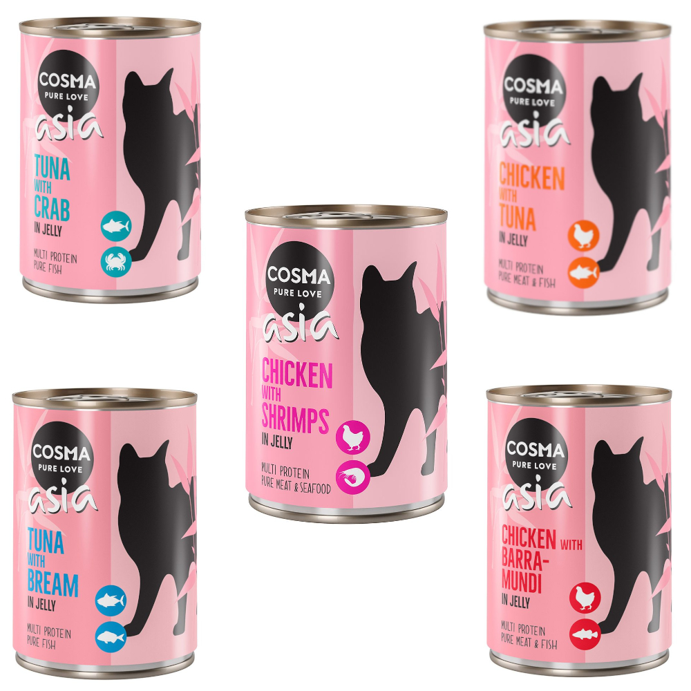 12x400g Mix 2 (5 Smaken) in Gelei Cosma Asia Kattenvoer nat