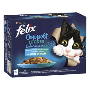 12 x 85 g - Koolvis & Zalm, Zalm & Sardine, Haring & Forel, Forel & Makreel in Gelei Felix Kattenvoer