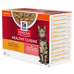 Hill's Healthy Cuisine Adult stoofpotje voor kat met kip & groenten, met zalm & groenten maaltijdzakje combipack 2 dozen (24 x 80 g)
