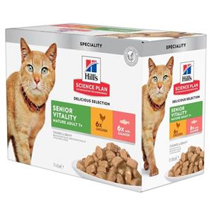 Hill's Mature Adult Senior Vitality nat kattenvoer met kip en zalm maaltijdzakje combipack 1 doos (12 x 85 g)