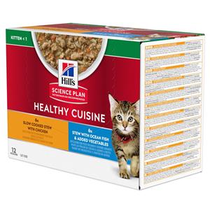 Hill's Healthy Cuisine Kitten stoofpotje voor kat met kip & groenten, met zeevis & groenten maaltijdzakje combipack 2 dozen (24 x 80 g)