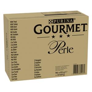 96x85g Forel, Kalkoen, Eend, Wild in Gelei Gourmet Perle Kattenvoer