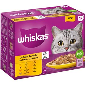 Whiskas Gemengd pakket  1+ Adult Maaltijdzakjes 12 x 85 g - Gevogelte-selectie in gelei