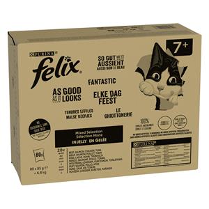 80 x 85 g Senior Mix: Rund, Zalm, Kip, Tonijn Felix  kattenvoer