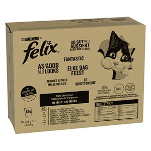 80 x 85 g Vis Mix: Tonijn, Zalm, Kabeljauw, Koolvis Felix Kattenvoer