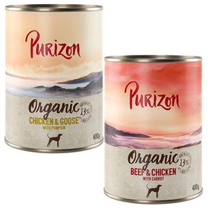 Purizon Organic 6 x 400 g Hondenvoer - Mixpakket 1:  3 x Rund en kip met wortel 3 x Kip en gans met pompoen