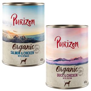 Purizon Organic 6 x 400 g Hondenvoer - Mixpaket 2: 3 x Eend en kip met courgette  3 x Zalm en kip met spinazie