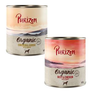 Purizon Organic 6 x 800 g - Mixpakket 1:  3 x Rund en kip met wortel 3 x Kip en gans met pompoen