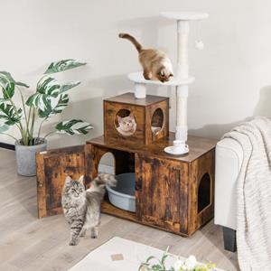 costway Krabpaal met Kattenkast All-in-1 Kattenhuis van Hout Kattenkrabpaal Kattenmeubel Kattenkast Kattenspeelhuis Bruin