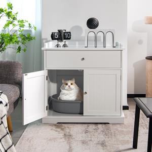 costway Moderne Decoratieve Kattenbak Bijzettafel met Lade en 2 Deuren voor Binnengebruik Wit