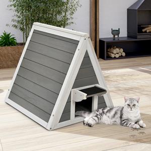costway Binnen Buiten Driehoek Houten Kattenhuis met Weerbestendig Dak Asfalt Eave Houten Kitten Huisje Schuilplaats Huisdier Huis Grijs
