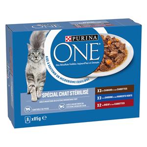 8x 85g Gemengd Pak Purina ONE Gesteriliseerd Kat Eend, Rund, Sardine Nat Kattenvoer