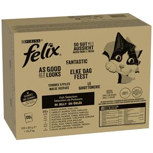 120 x 85 g  Tonijn, Zalm, Kabeljauw en Schol Felix Kattenvoer