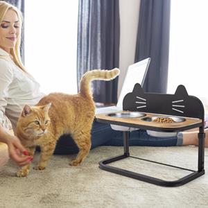 costway Voederstation voor Katten Verhoogd 3-Voudig in Hoogte Verstelbaar Kattenbak van Bamboe en Metaal met 2 Roestvrijstalen Bakken