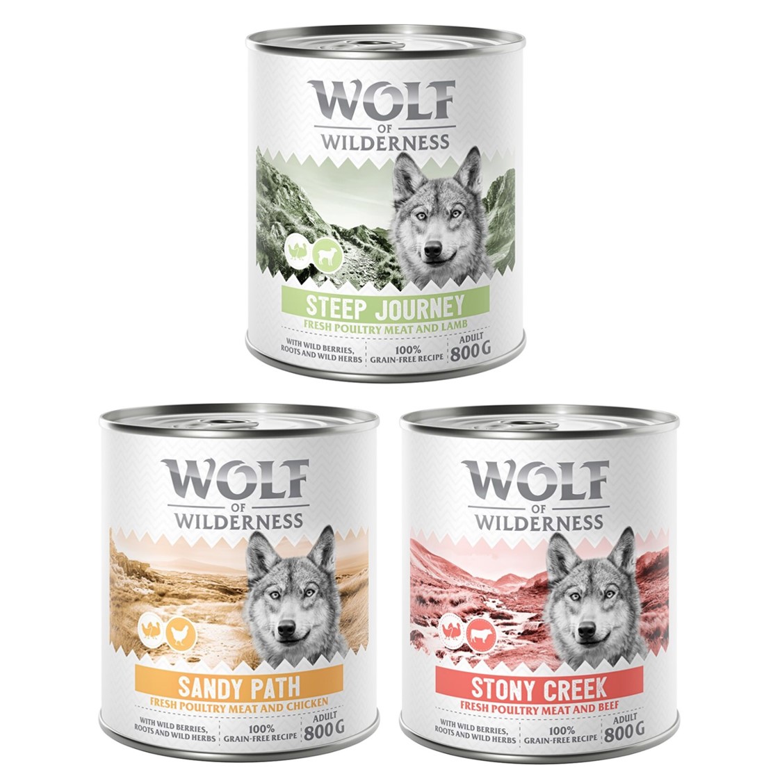 6x800g Adult "Expedition" Mixpakket (3 smaken) Wolf of Wilderness Hondenvoer
