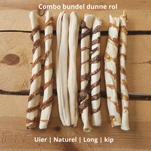 Aware Pet Products Dunne runderhuid kauwbot rollen Combo-bundel 8 stuks in 4 smaken: Long | Uier | Kip | Naturel