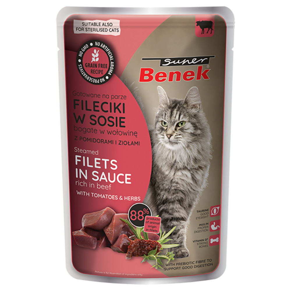 28x 85g Super Benek Graanvrij Gestoomde runderfilets met tomaten in saus Nat kattenvoer