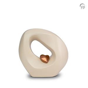 urnwebshop Kleine Keramische Dieren Urn Cremekleurig, Bronzen Hart (0.9 liter)