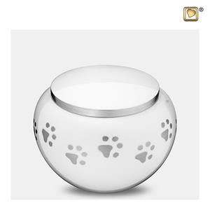 urnwebshop Mediumgrote Dieren Urn Zilverkleurige Pootafdrukjes Wit (0.75 liter)