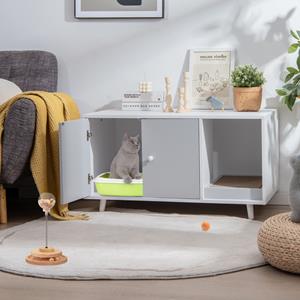 Costway Kattenhuisje Verborgen Katten Toiletruimte met Tussenschot Kattenhuisje met Dubbele Deuren Decoratief Kattenhuisje Grijs