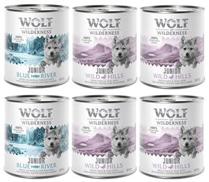 Wolf of Wilderness 6 x 800 g  Mixpakket Junior 4x Eend & Kalf, 2x Kip & Zalm