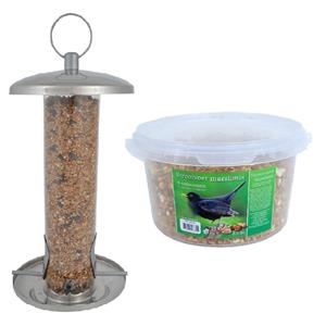 Esschert Design Vogel voedersilo RVS 27 cm inclusief 4-seizoenen mueslimix vogelvoer -