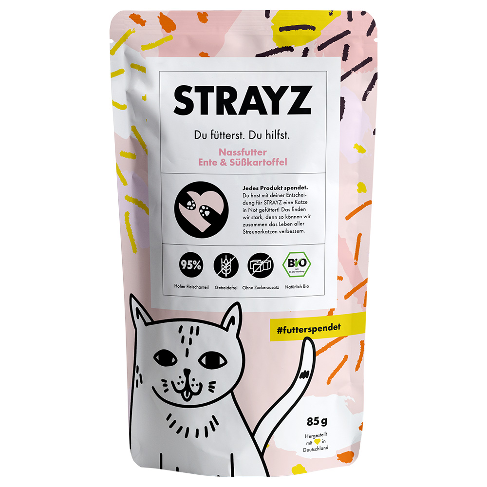 6x 85g STRAYZ Bio Eend & Biologische Zoete Aardappel Nat Kattenvoer