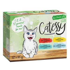 Catessy 12x85g  Fijne Hapjes met Groenten in Jus 12 x 85 g- Mix (3x Rund & Wortelen, 3x Zalm & Courgette, 3x Kalkoen & Erwten, 3x Kabeljauw, Wortelen & Peterselie) Katten Natvoer