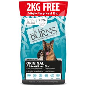 12 + 2 kg gratis! Burns Adult/Senior Original Kip & Bruine Rijst Hondenvoer - 12 kg + 2 kg Gratis!