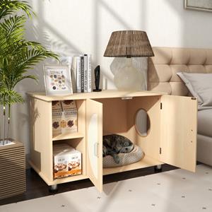 costway Kattenkast voor Kattentoilet Kattenhuis met Krab Deuren van Sisal Metalen Poten en Kattengat Kattenbak 82 x 48 x 52 cm Natuurlijke