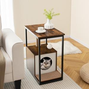 costway 66cm Bijzettafel Kattenhuis met Krabpaal Verwijderbare Krabmat Hangend Kogelspeeltje voor Woonkamer Slaapkamer Rustiek Bruin