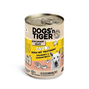 Voordeelpakket: 12x400g Dogs'n Tiger snackmenu voor honden kip met kalkoen, veenbessen en zoete aardappel hondenvoer nat